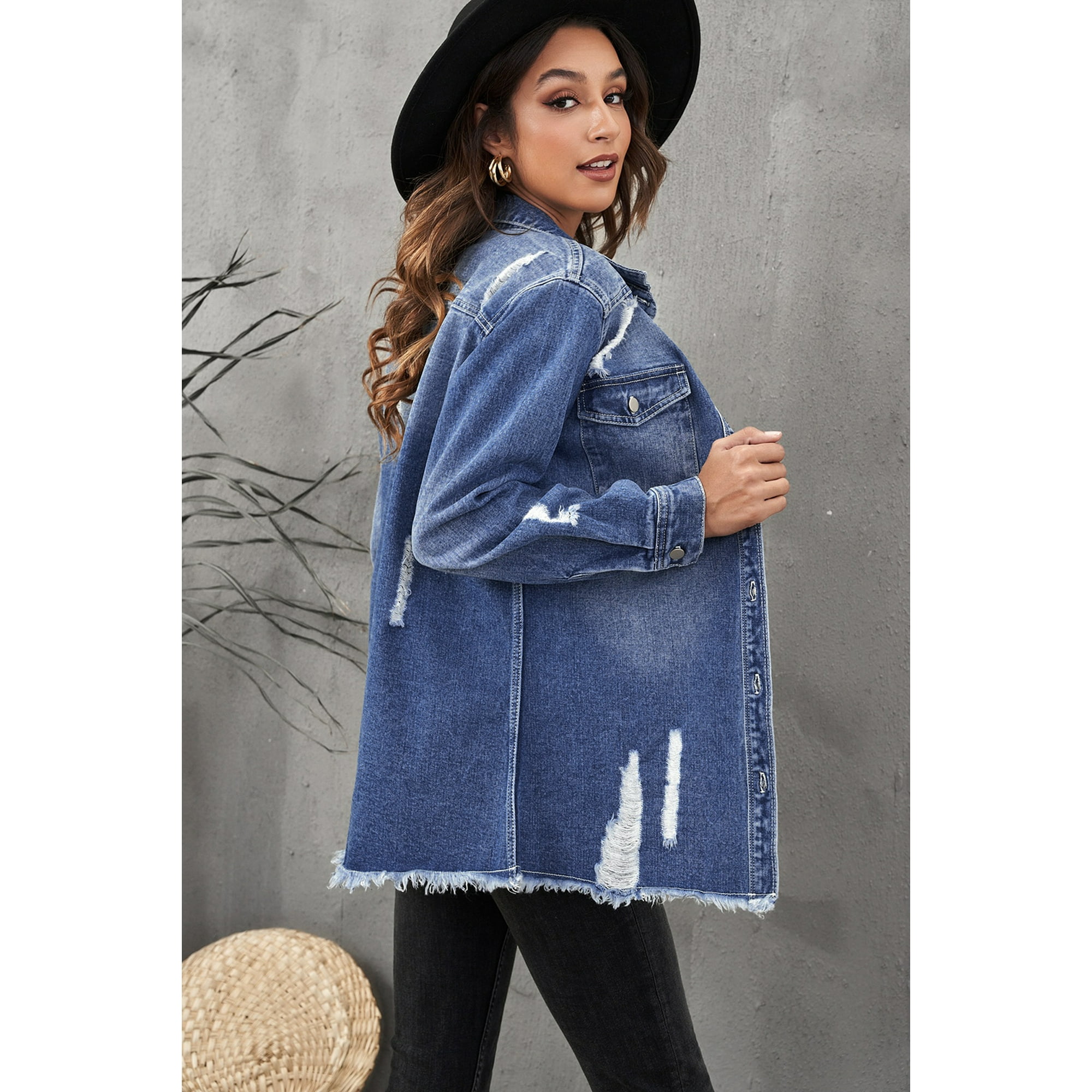 Blue distressed denim jacket hotsell