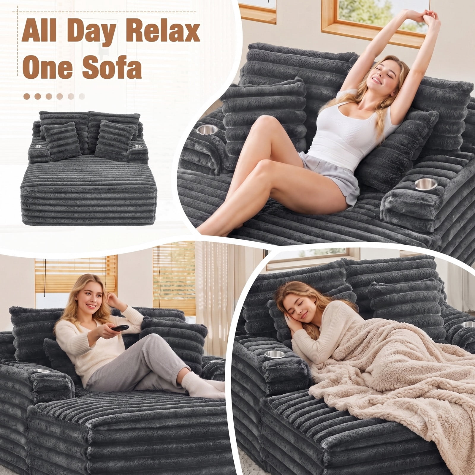 Lunale Oversized Chaise Lounge Chair Indoor Furniture, Boneless Cloud Couch with Cup Holders, Faux Fur Accent Chair for Living Room, Gray