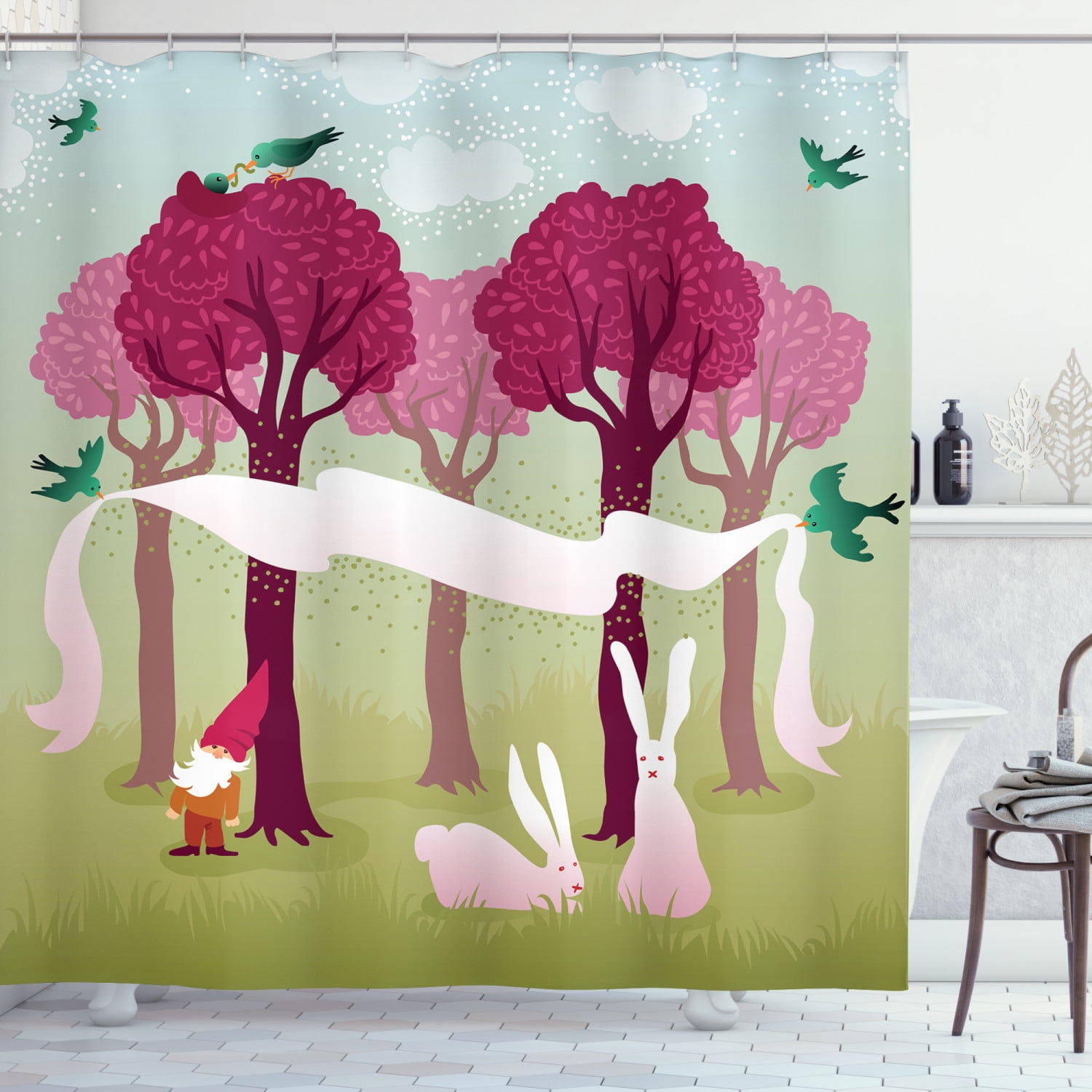 Gnome Shower Curtain, Forest with Pink Trees Flying Love Birds Easter Bunnies Landscape, Fabric