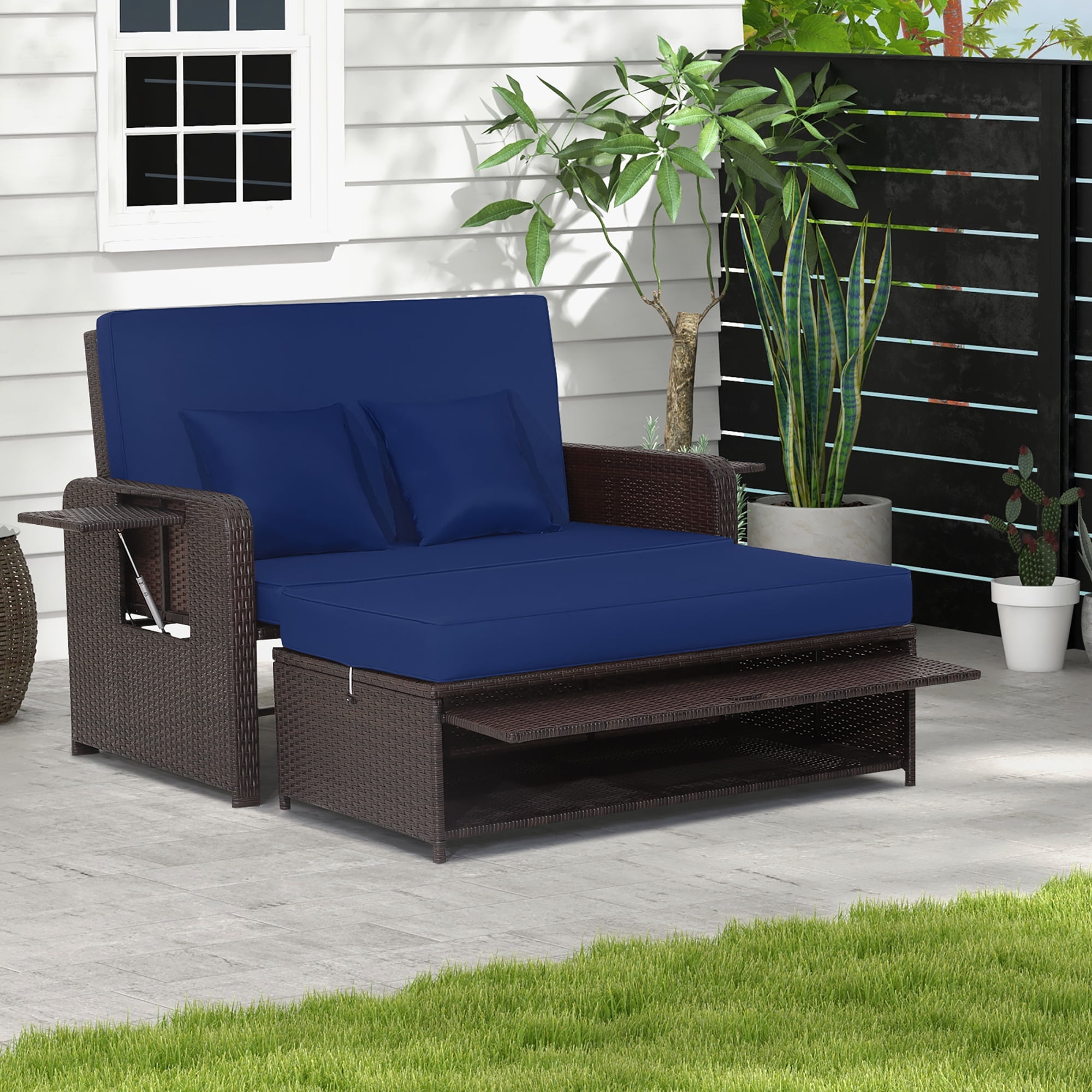 Costway Patio Rattan Loveseat Set Daybed Lounge Storage Ottoman Side