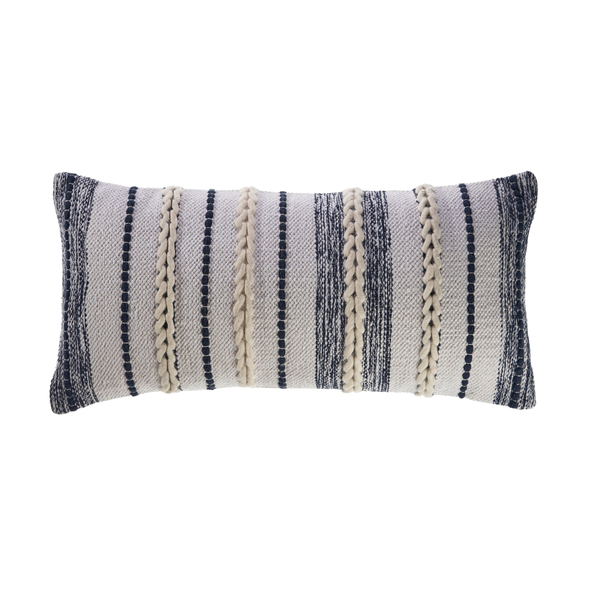 Laddha Home Designs Loomed Braided Striped Lumbar Pillow Cover - 28" - Navy Blue and White