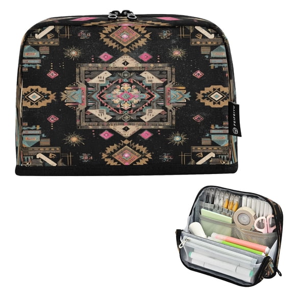 Standing Pencil Case with Base Large Capacity Stationery Pouch Pen Bag with Zipper for Women Men Abstract Shapes Pattern