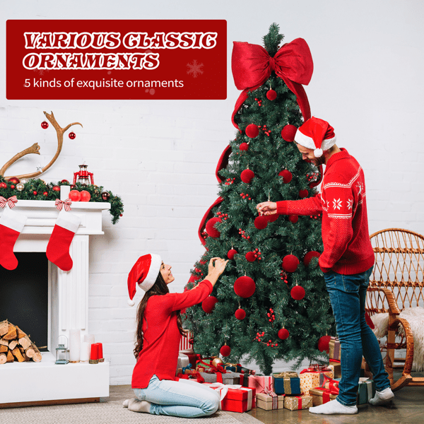 Alvantor 7.5 ft Dark Green Artificial Christmas Tree, 1600 PVC Tips, 300 Warm White LEDs with Remote, Oversized Red Bow and Ornaments