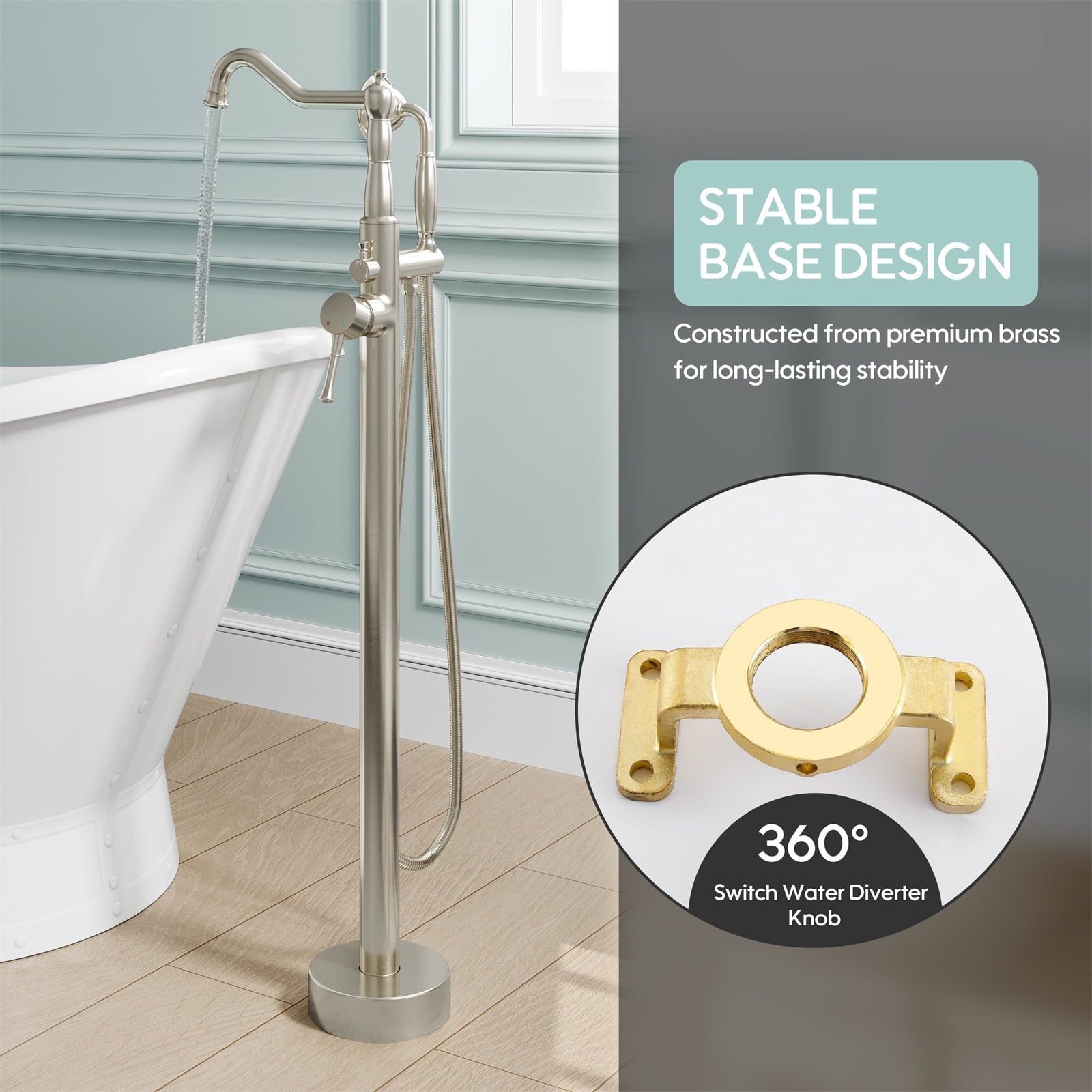 ANGELES HOME Freestanding Tub Faucet with Handheld Shower, Floor Mount Bathtub Filler, Roman Bathtub Faucet with Swivel Spout Brass Rough-in and Water Hose, Brushed Nickel