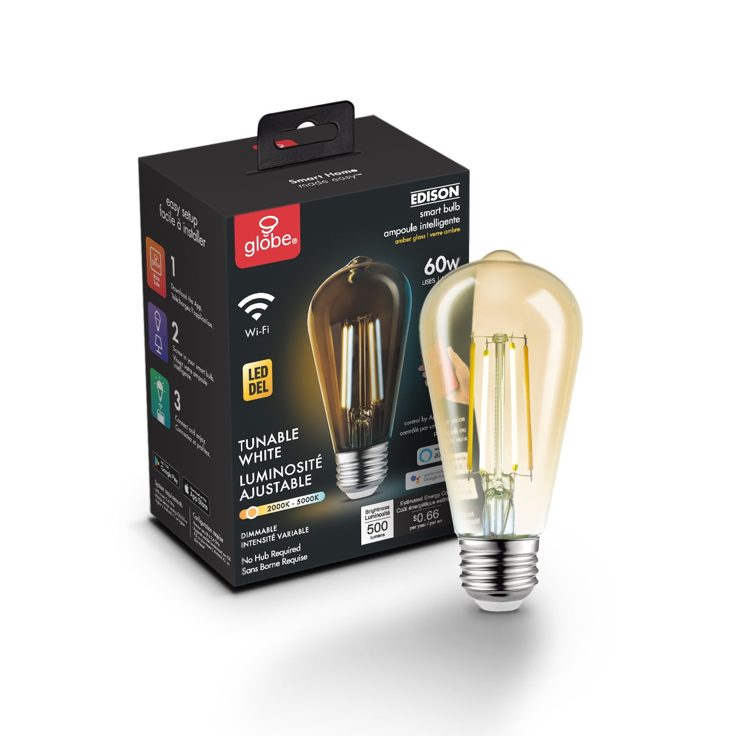 valgfri Faktura Margaret Mitchell Globe Electric Wi-Fi Smart 60W Equivalent Vintage Filament Tunable White  Amber Glass LED Light Bulb, No Hub Required, Voice Activated, ST19 Shape,  E26 Base, 34919 - Walmart.com