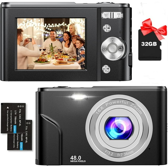 Zostuic Kids Digital Camera, FHD 1080P 48MP 16X Digital Zoom, Compact Mini Camera with 32GB SD Card (Black)