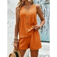 thumbnail image 6 of [Two-piece Solid Color Shorts Set] Casual Solid Color Two-piece Shorts Set, Button Front V Neck Top & Skinny Elastic Waist Shorts Outfits, Women's Clothing, 6 of 7