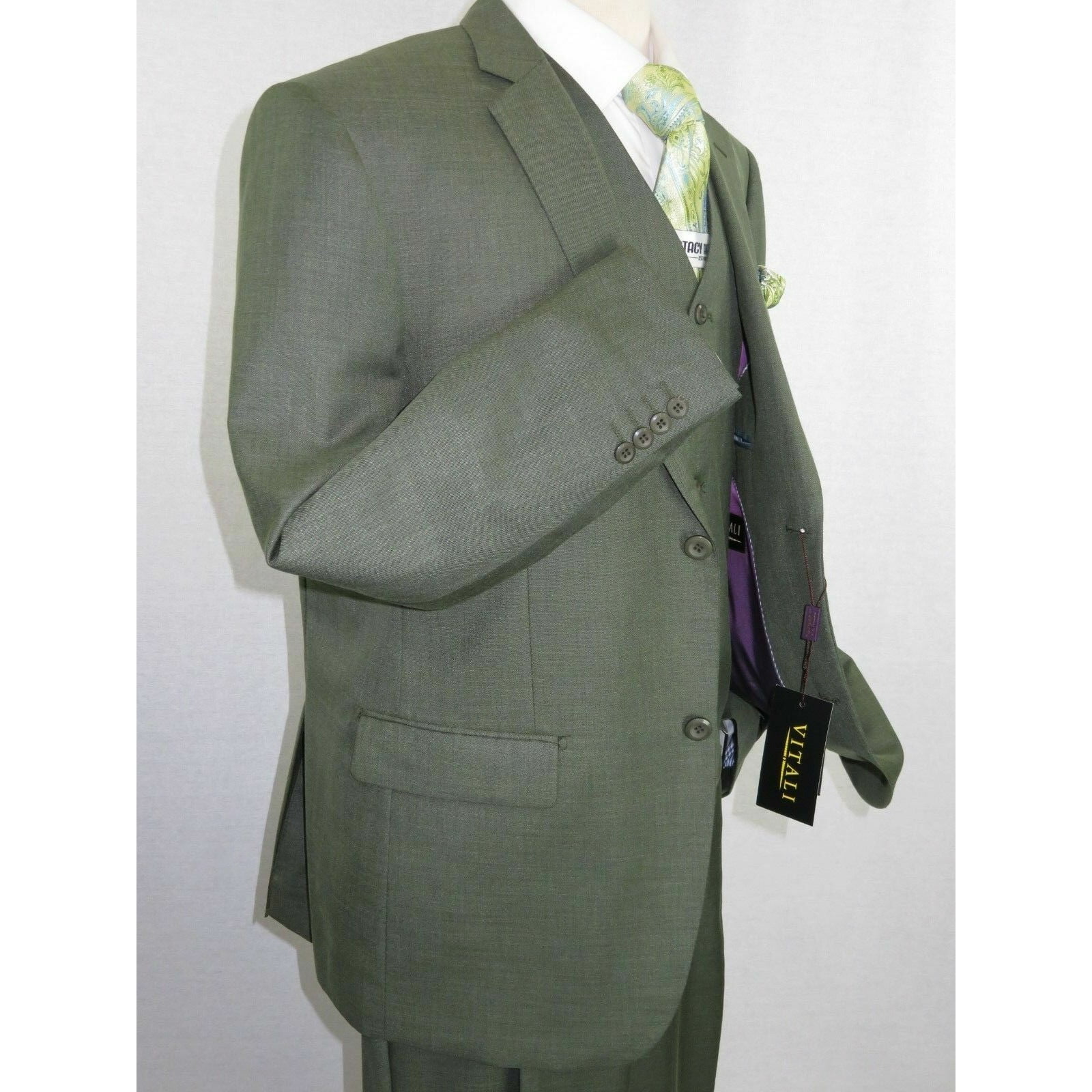 Men's VITALI Three Piece Suit Vested Sharkskin Sheen Vented M3090 Olive Green 