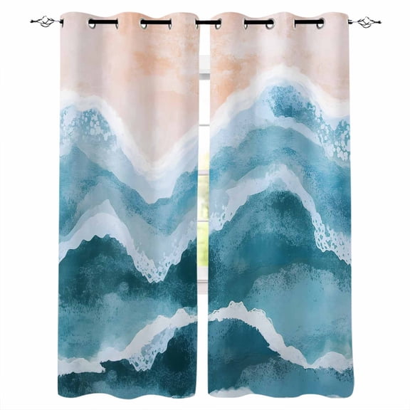 Navy Blue Waves Coastal Blackout Curtains for Bedroom, Teal Ombre Summer Beach Oceans Room Darkening Window Drapes for Living Room, Thermal Insulated Grommet Curtains, 42x54 inch, 2 Panels
