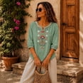 thumbnail image 6 of PBFRDSJ Cotton Linen Tops for Women Lightweight Retro Embroidered 3/4 Sleeve Bohemian Peasant Shirts Plus Size V Neck Casual Summer Beach Boho Tops, 6 of 9