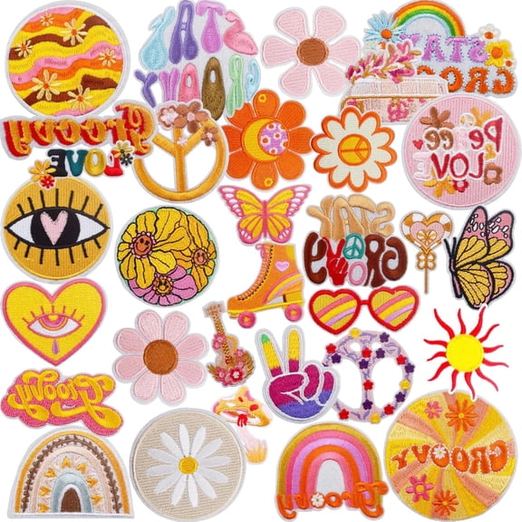 31 Pieces Yellowish Groovy Hippie Iron on Patches Cute Vintage Boho Floral Flower Embroidered Sew on Patch Repair Appliques for Clothes Dress Jeans Bags DIY Crafts Decor