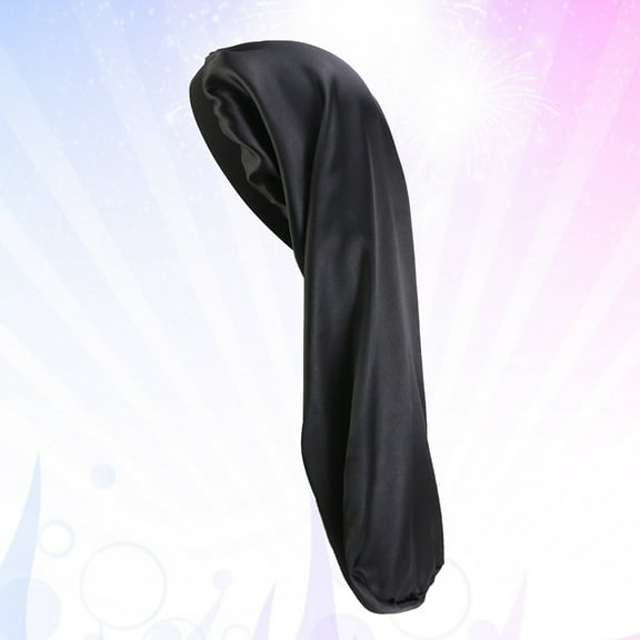 BEADCEST 1PC Bonnet For Sleeping Long Hair Imitated Silk Satin Wide Brimmed Long Tube Hat Black