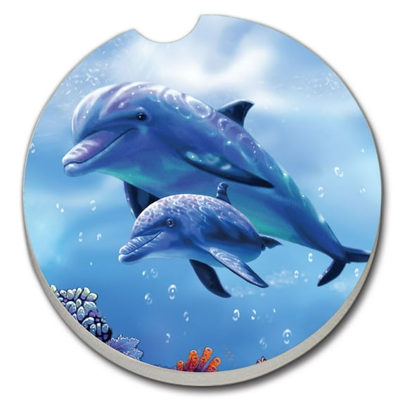 CounterArt "Dolphin Pair" 1 Pack Absorbent Stone Coaster for Vehicle Cup Holder  2.6" Diameter