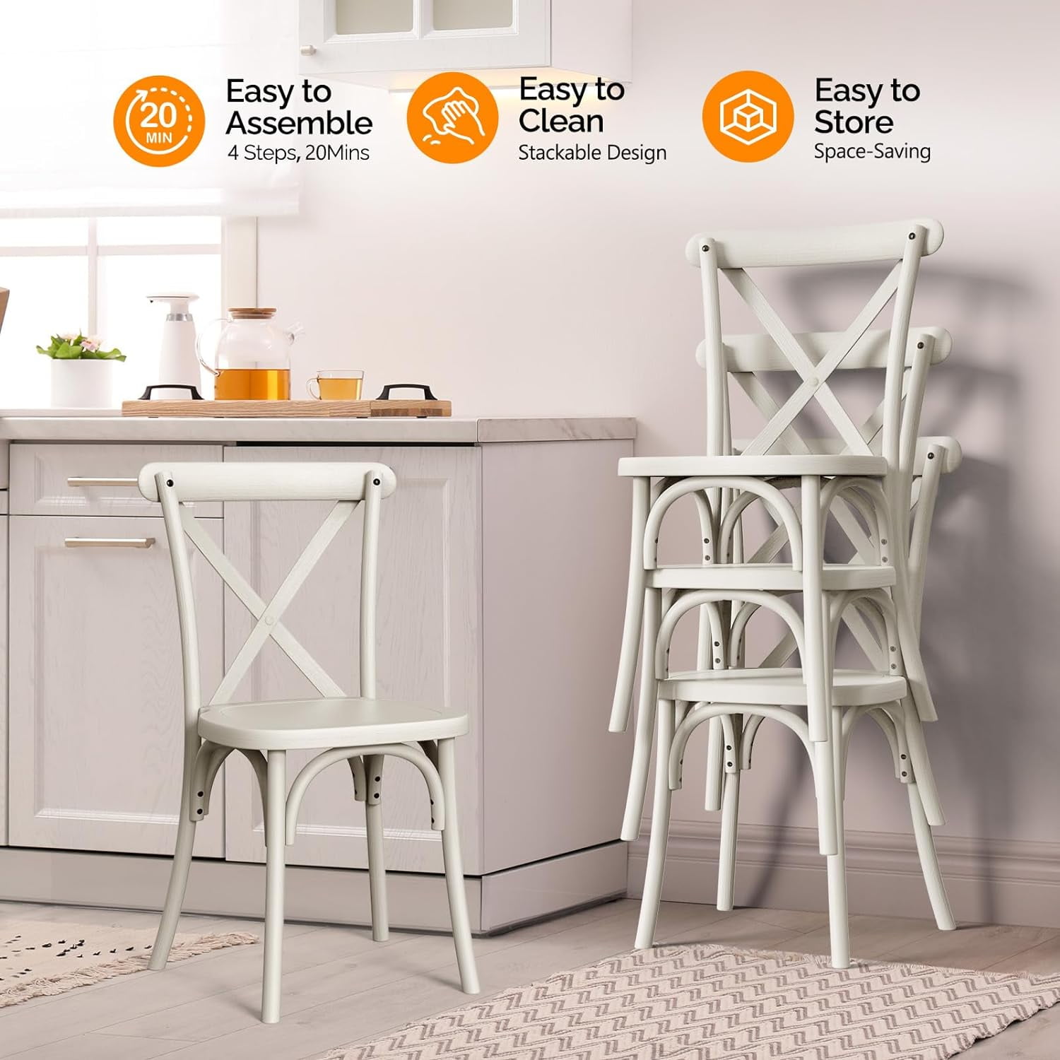 VINGLI Plastic Dining Chairs Set of 6, Stackable Patio Dining Chairs with X Back, Waterproof Kitchen & Dining Room Chairs for Indoor-Outdoor, Capacity 400 lbs, Cream White