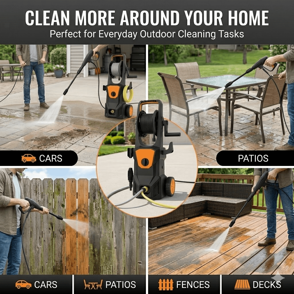 Electric Pressure Washer, 1600W Portable Power Washer with Hose Reel, Foam Cannon, Spray Gun, 7M High Pressure Hose & Quick Connect Kit, Pressure Washer Electric for Cars, Driveways, Patios &