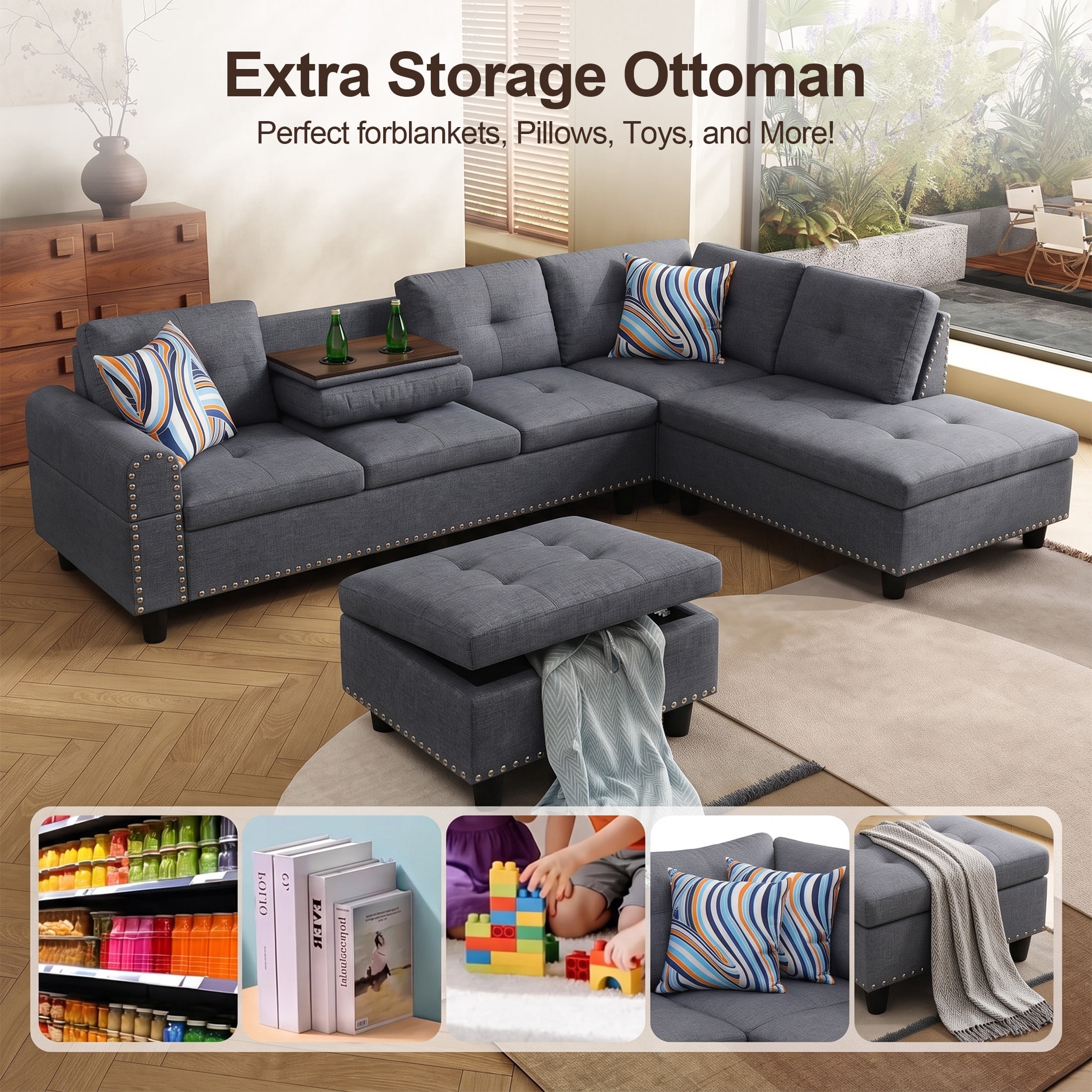 AENKYO 98" L-Shaped Sectional Sofa with Reversible Chaise, Storage Ottoman & Cup Holders, Linen, Dark Gray