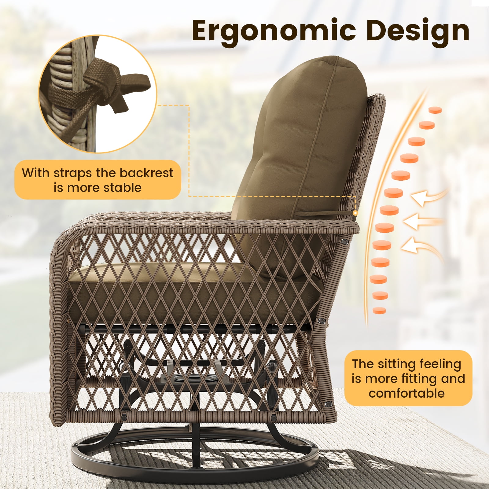 ELPOSUN 3-Piece Patio Furniture Set, Outdoor Wicker Swivel Glider Chair with Glass Top Table and Cushions, Brown