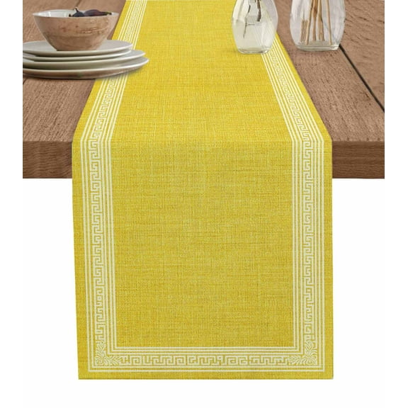 Table Runner Dresser Scarves 70 Inch Long,Classic Greek Geometric Key Pattern Linen Dining Table Runners Retro Linen Yellow Tabletop Scarf for Wedding Holiday Party Kitchen