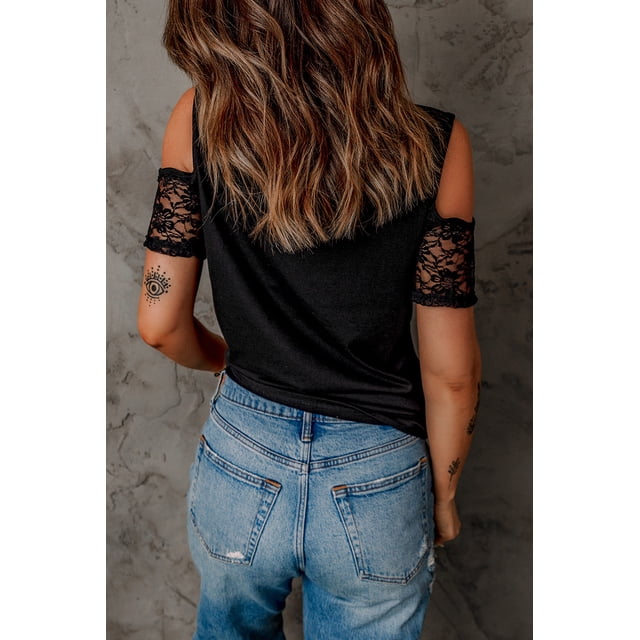 ABPHQTO Camiseta con hombros descubiertos y empalme de encaje negro para mujer