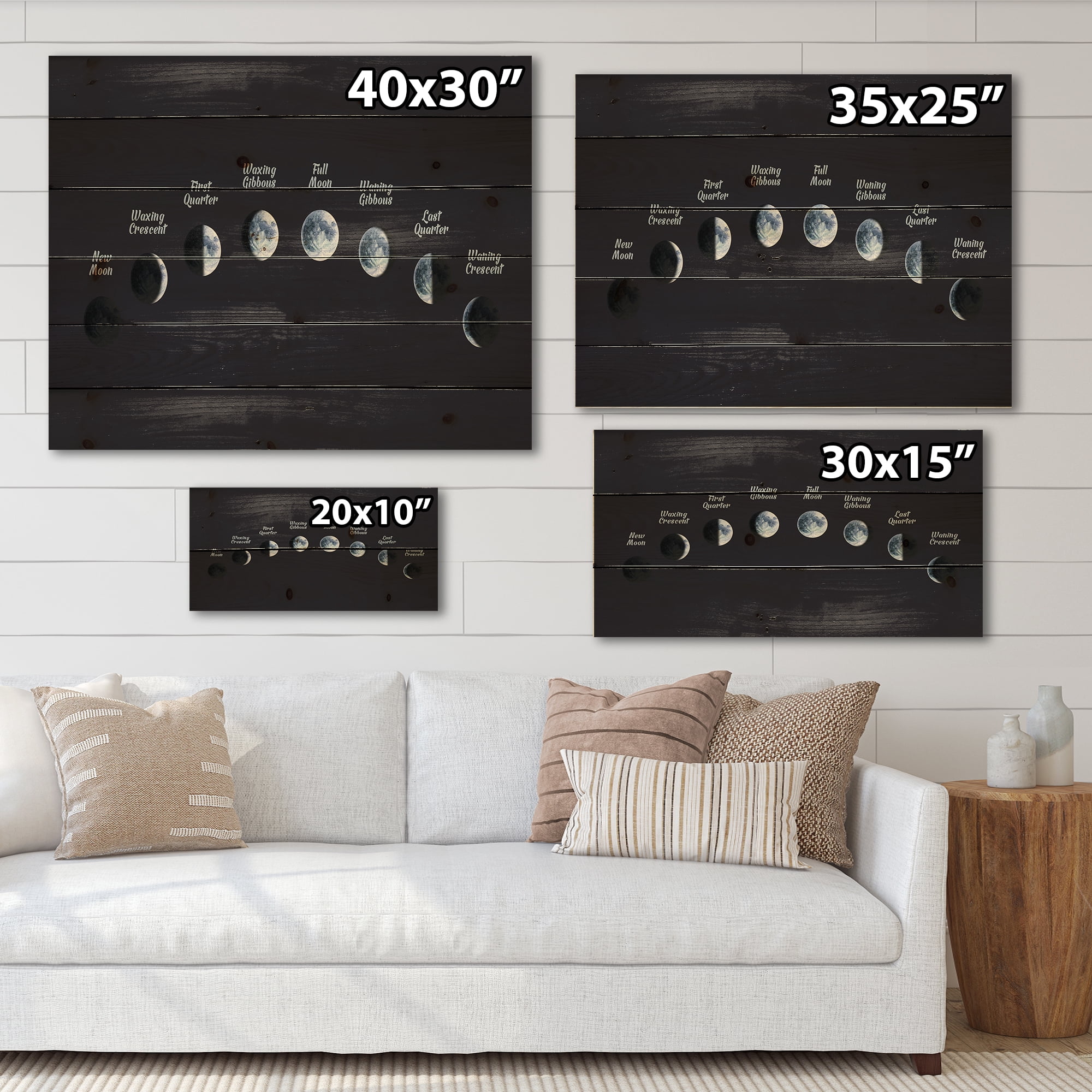 Designart 'Different Moon Phases In Space' Bohemian & Eclectic Print on Natural Pine Wood