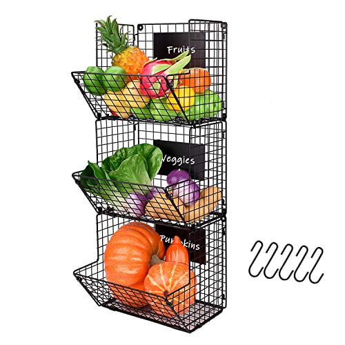X-cosrack Metal Wire Basket Wall Mount, 3 Tier Wall Storage Basket Organizer with Hanging Hooks Chalkboards, Rustic Kitchen Fruit Produce Bin Rack Bathroom Tower Baskets (Black)