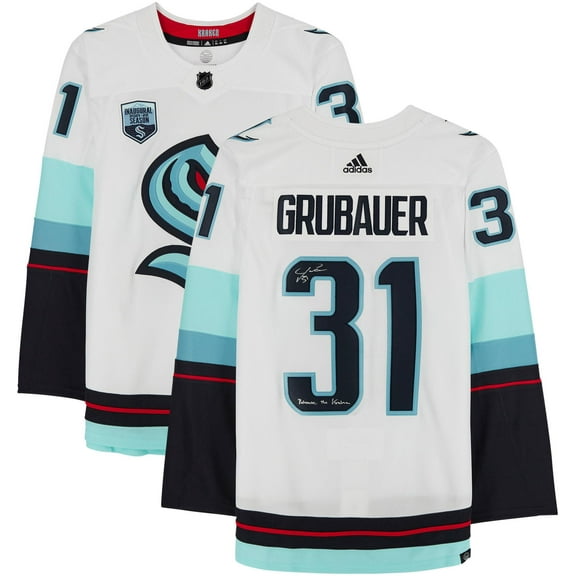 Philipp Grubauer Seattle Kraken Autographed White Adidas Authentic Jersey with "Release The Kraken" Inscription and Inaugural Season Jersey Patch - Fanatics Authentic Certified