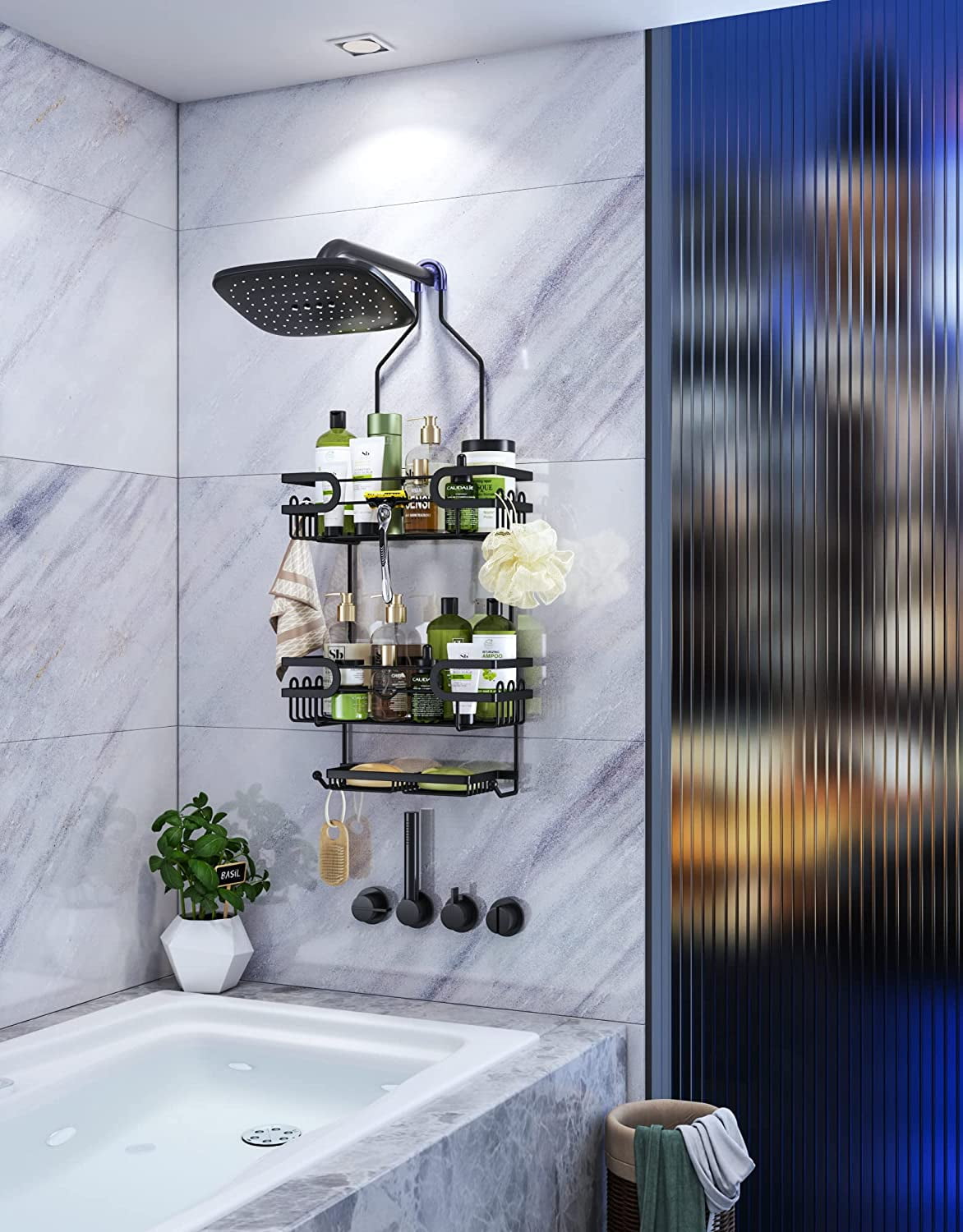 HapiRm Shower Caddy over Shower Head, Rustproof & Waterproof Shower Shelf  with 4 Movable Hooks, No Drilling Black Shower Rack Hanging for  Bathroom,2-Shelves,Steel 