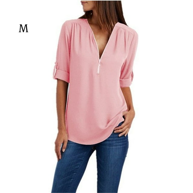 Maoww Blouse à Manches Longues avec Fermeture Éclair pour Femmes, Col en V, Décontractée, Rose, m