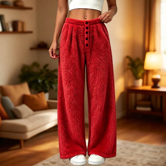 Karymi Shorts for Women Solid Plush Fuzzy Wide Leg Pants, Elastic Waist Decorative Button Front Warm Fluffy Long Trousers
