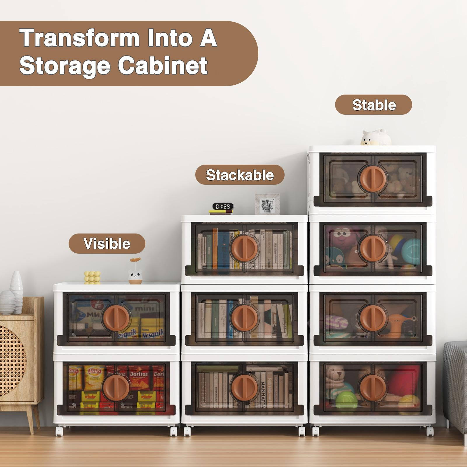 BROVIEW V9 120Gal Stackable Storage Bins, Plastic Collapsible Storage Bins with Lids and Wheels, Clothes Organizers and Storage Drawer, Folding Cabinets with Doors for Home, 4PCS Brown