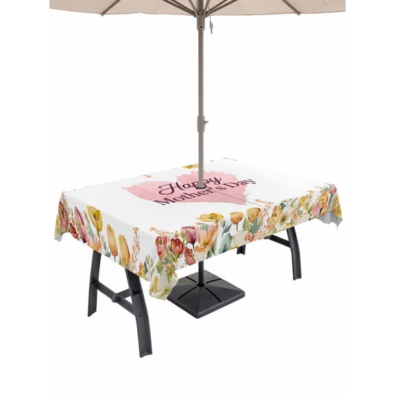 Outdoor Tablecloth with Umbrella Hole for Patio/Picnic/Party/Camping, Mother's Day Waterproof Table Cloth Rectangle Table Cover Washable, Spring Watercolor Flowers Pink Love Heart (60"x 102")