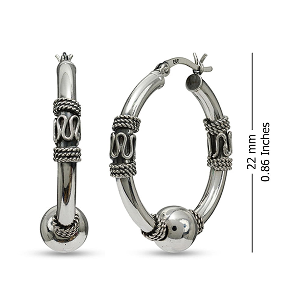 LeCalla 925 Sterling Silver Light-Weight Oxidized Small Balinese Click Top Hoop Earrings Jewelry for Women and Teen 22MM
