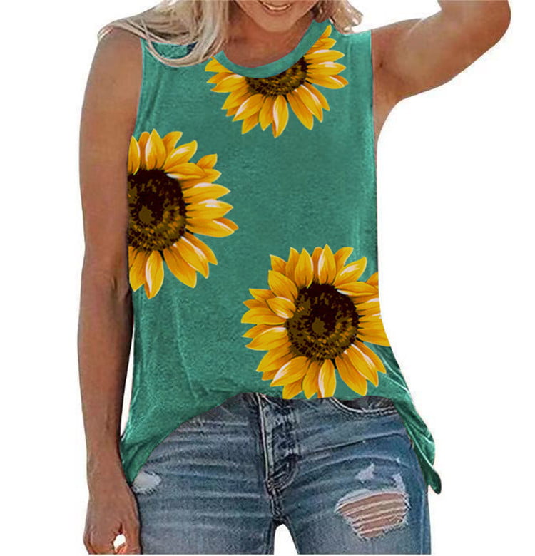 Womens Tank Tops Loose Fit Summer Trendy Cute Sunflower Print Tshirt Tops Casual Sleeveless Workout Blouse Tees