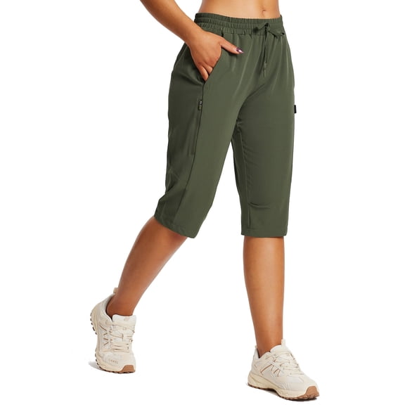 BALEAF Women's 15" Long Shorts Below The Knee Capri Hiking Cargo Shorts Lightweight Quick Dry Elastic Waist for Casual Green 3XL