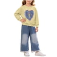 thumbnail image 3 of Wilark Toddler Girls Outfit Sets with Heart Sweatshirt and Jeans Cute Casual Long Sleeve 2 Piece Kids Fall Clothes Yellow 4, 3 of 7
