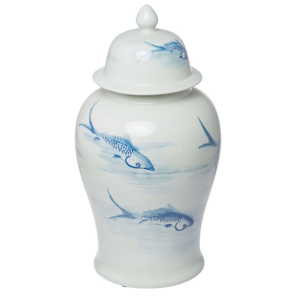 CC Home Furnishings Tall Koi Fish Lidded Ginger Jar - 19" - White and Blue