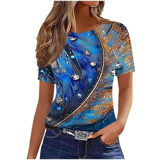 Pisexur Hauts pour Femmes, Hauts de Printemps pour Femmes 2025, Hauts pour Dames, T-shirt Imprimé Décontracté et Tendance pour Femmes avec Col Rond et Manches Courtes Bleu, m