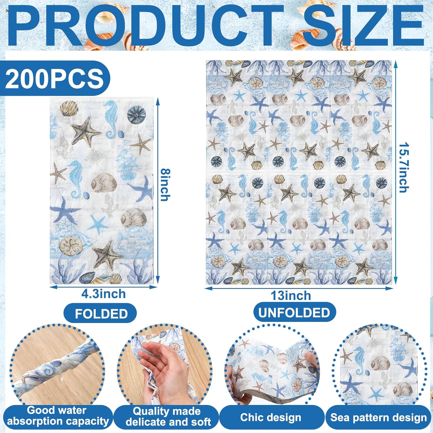 200 Pieces Sea Paper Napkins Summer Paper Guest Towels for Bathroom Decorative Sea Blue Starfish Disposable Guests Paper Napkins Nautical Coastal Hand Towels for Bathroom Wedding Dinner Party