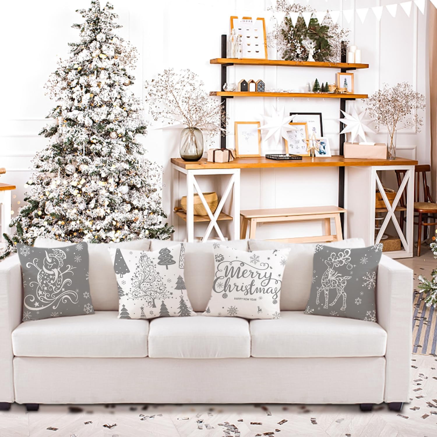 Grey Christmas Throw Pillow Covers 20x20 Set of 4 Christmas Decoration Trees Deer Snowman Merry Christmas Decorative Holiday Farmhouse Pillow Covers for Holiday Christmas Decoration