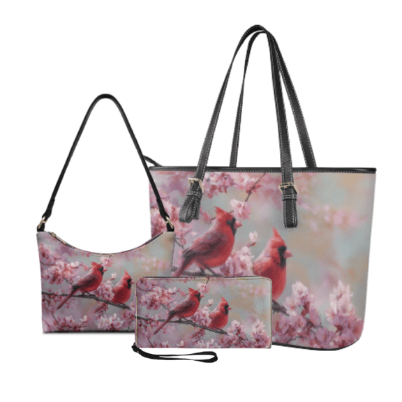 Tutolipy Tote Bag Set for Womens, with Personalized Hobo Purse Fashionable Shoulder Bag Underarm Shoulder Bag, 3 Piece Red Cardinal Cherry Blossom