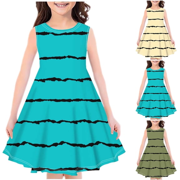 YHAJDS Toddler Girls Play Dress Sleeveless Round Neck Stripe Print Summer