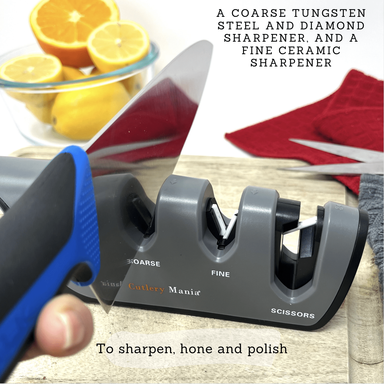 Cutlery Mania Adjustable Angle Kitchen Knife & Scissor Sharpener | Dual Stage Sharpening System | Tungsten Steel, Diamond and Ceramic Sharpeners