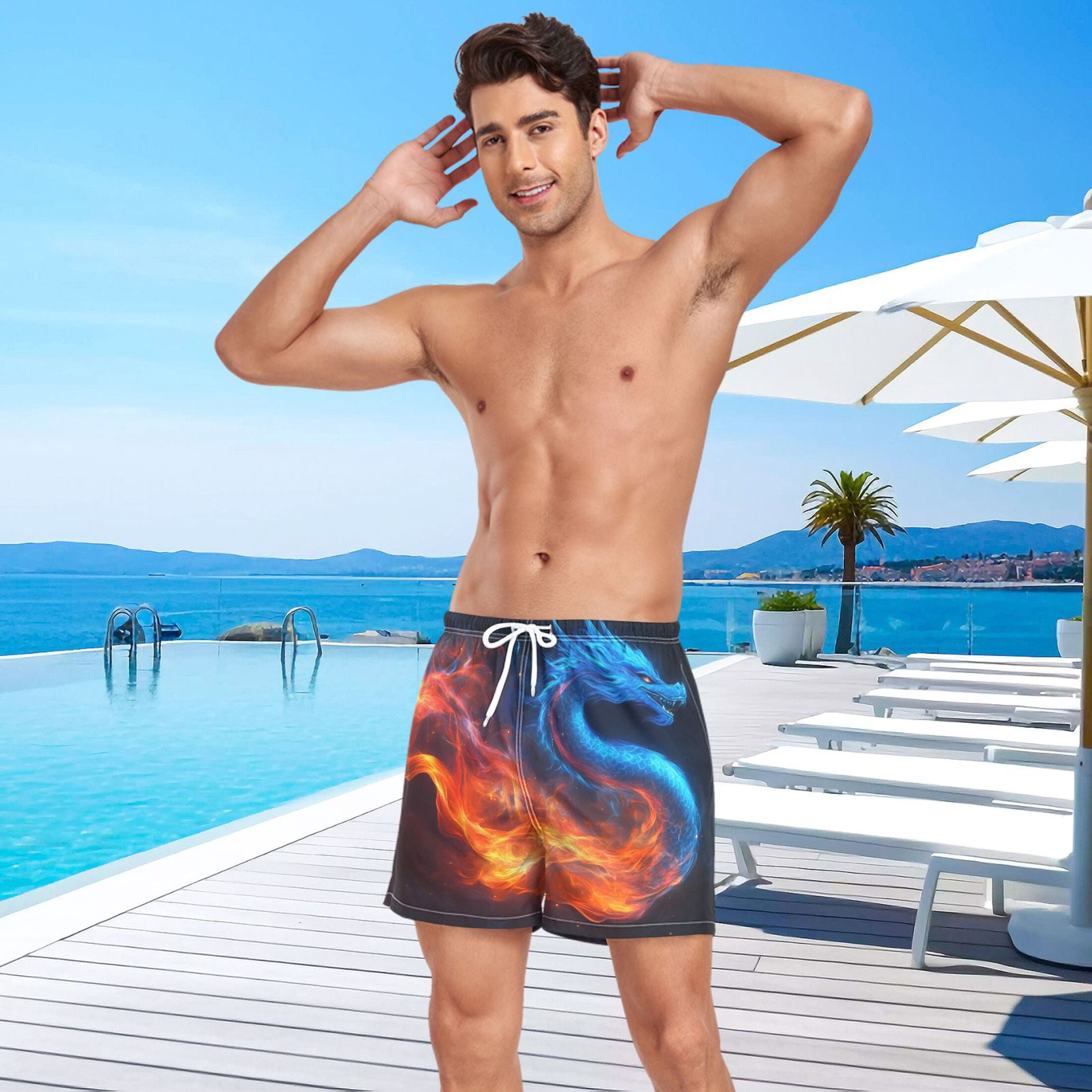 joogoo Men's Fire Dragon Swim Trunks with Liner Pocket Beach Shorts Medium