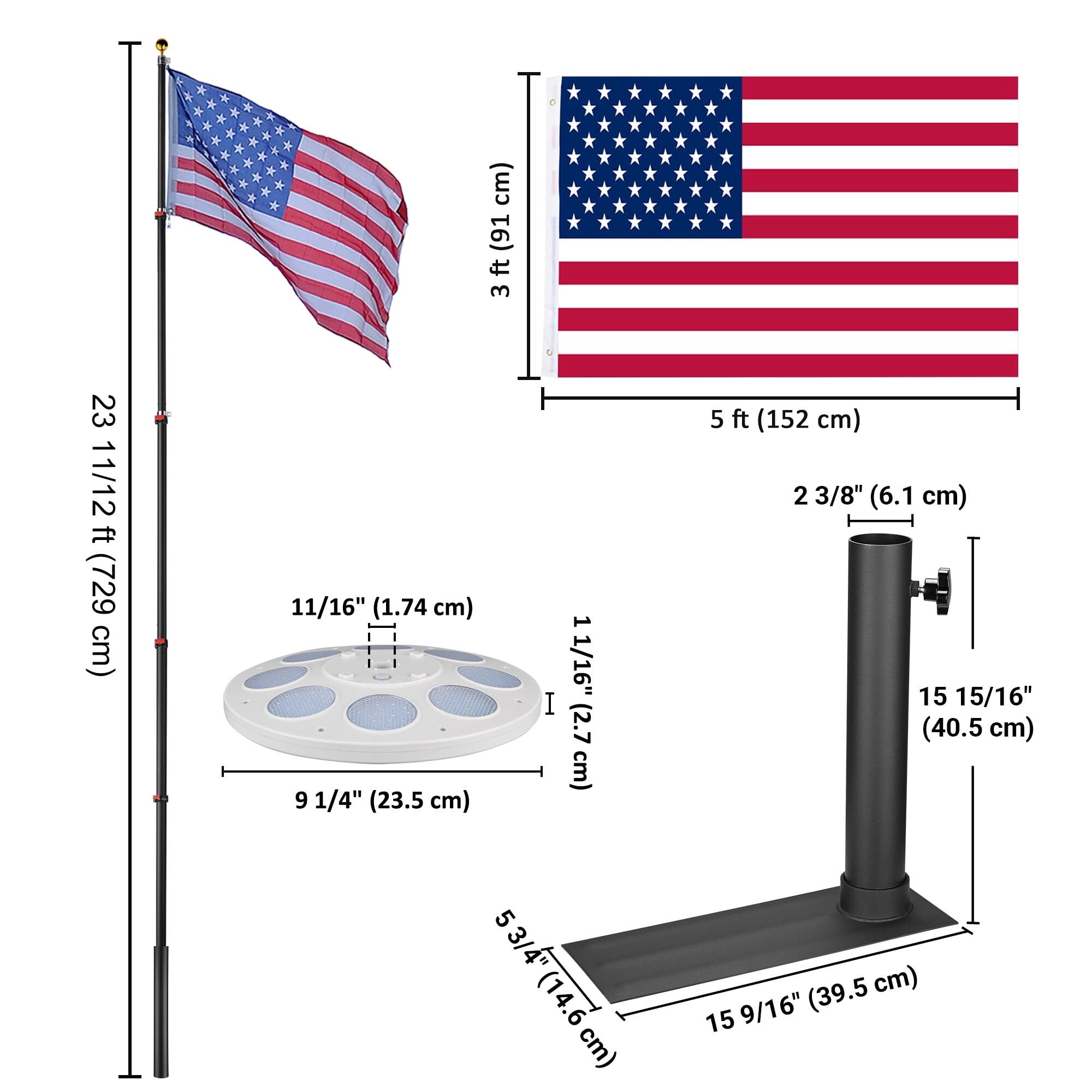 Yescom EZ GO 25Ft Telescopic Flag Pole Kit with Solar Light & Tire Mount Base for Tailgate Outside,Black