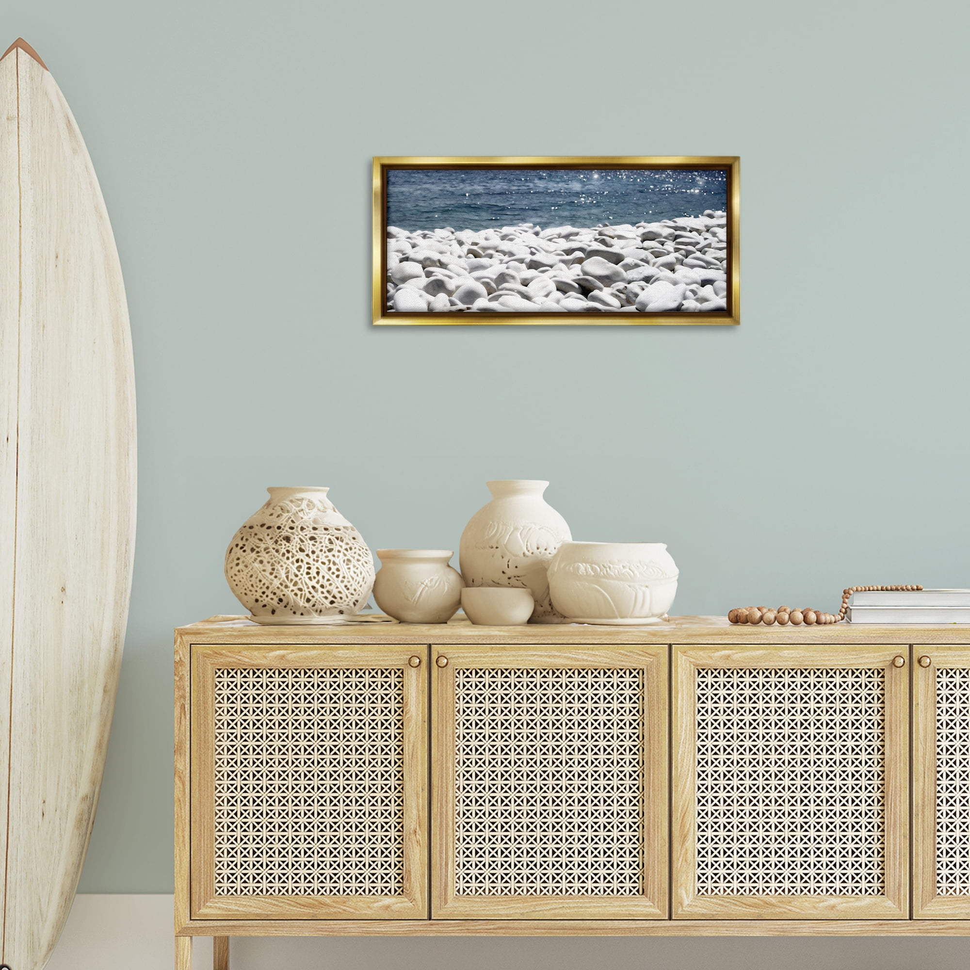 Stupell Industries Greek Pebbles Shore Landscape & Nature Photography Gold Floater Framed Canvas Art Print Wall Art, 31 x 14