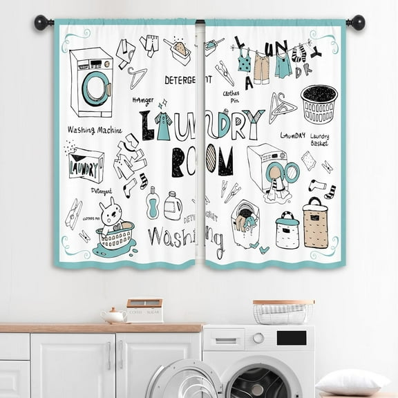 Cartoon Cute Laundry Room Curtains 27.5W x 39L Inch Rustic Farmhouse Washing Rod Pocket Short Cafe Small Window Treatment Drapes Decor 2 Panels