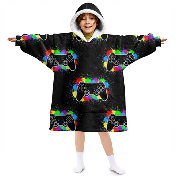 Game Controller Black Pattern Lamb Fleece Blanket Hoodies for Teens ,Teens Oversize Sherpa Wearable Hooded Blanket Sweatshirt with Super Pockets