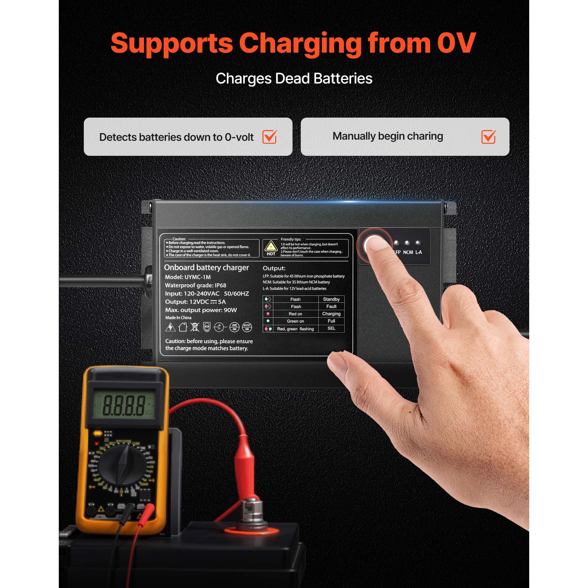 KFFKFF 1-Bank 5A 12V Onboard Marine Battery Charger, IP68 Waterproof Smart Charger for Lithium-Ion (LiFePO4), NCM, and Lead-Acid Batteries, Suitable for Boats, Yachts, RVs, and Trailers