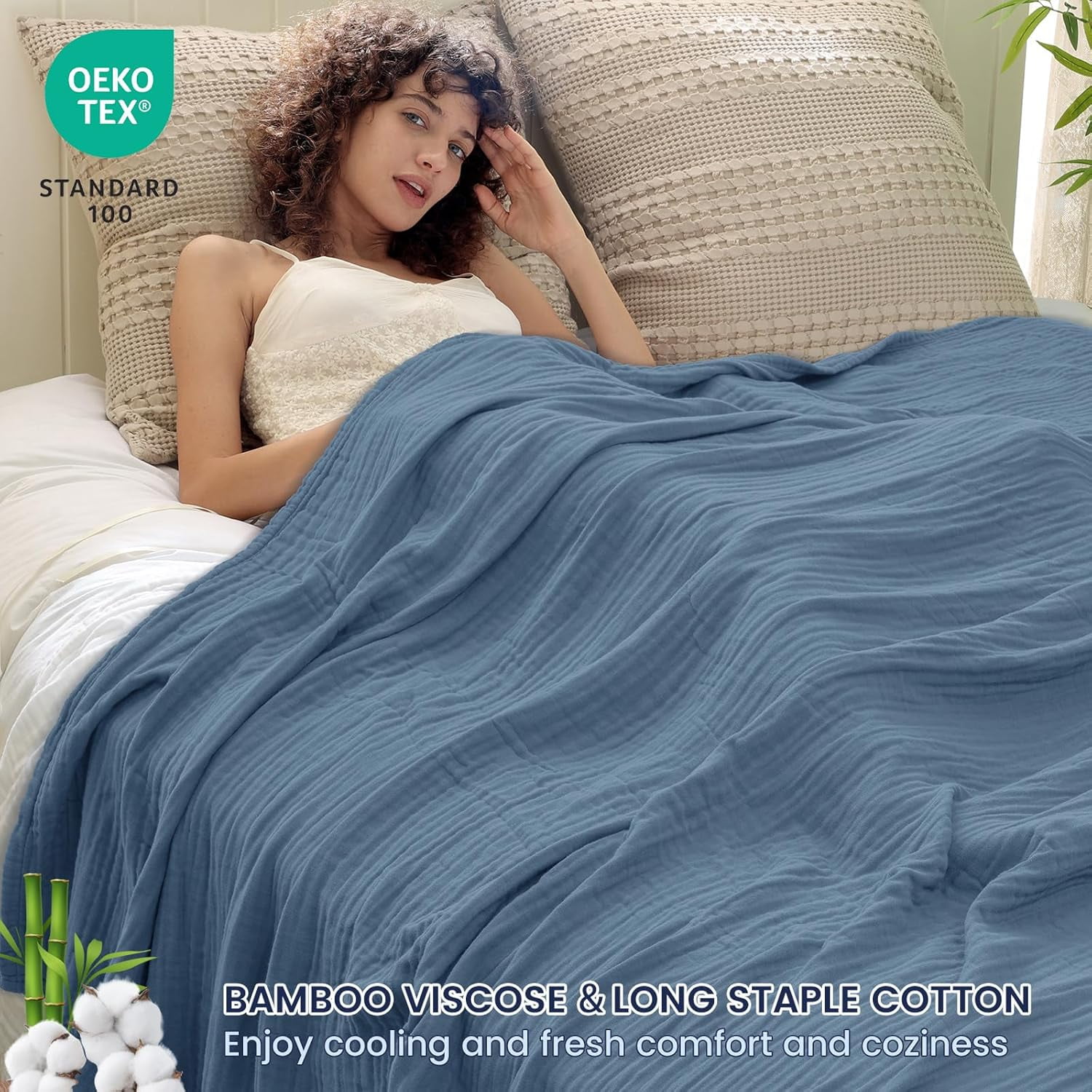 PHF Cooling Muslin Twin Blanket for Hot Sleepers, 4-Layer Breathable Bamboo Rayon & Cotton Gauze, Lightweight Summer Blanket for Bed or Couch, 66" x 90", Prussian Blue