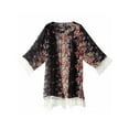 thumbnail image 1 of Women Floral Print Crochet Lace Pleated Long Sleeve Chiffon Cardigan, 1 of 3